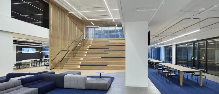 Meeting room with city skyline view